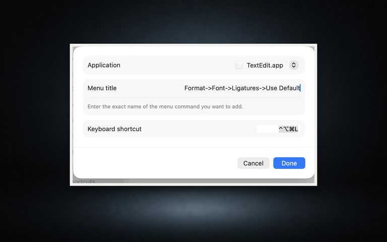 App Shortcut form centered on a dark wallpaper