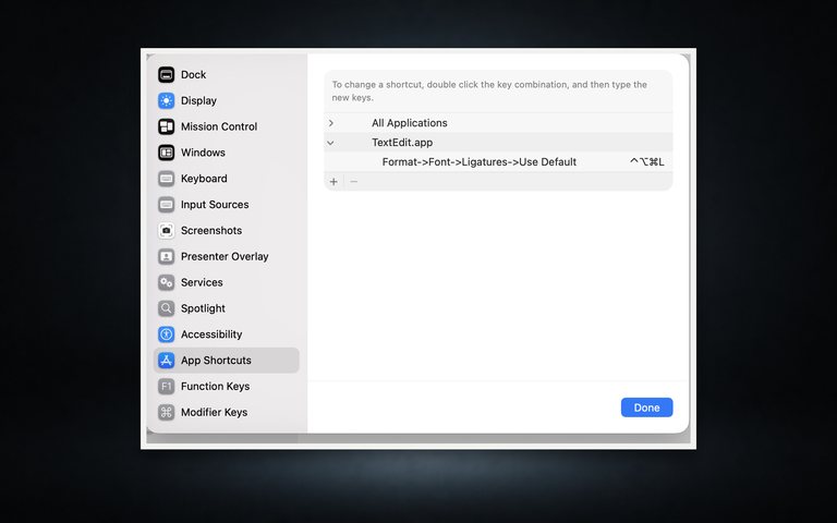 App Shortcuts panel centered on a dark wallpaper
