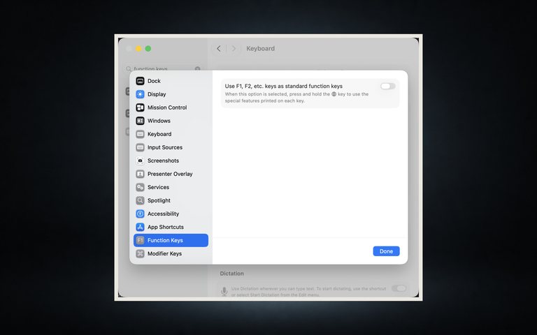 Function Keys setting switched off on a Mac